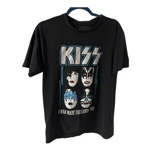 Kiss Black Short Sleeve Graphic Tee with Blue and Silver Print